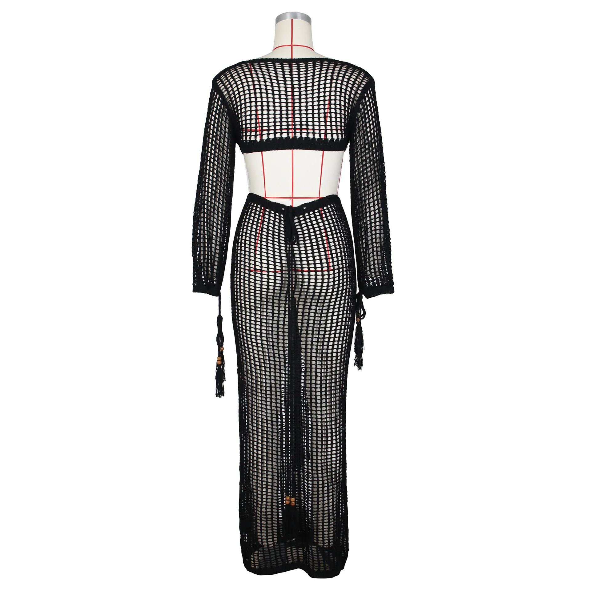 DEKA Women Knitted Backless Cover Up Swimsuit Long-sleeved Crochet Hollow Out Dress Summer Beach Vacation Outfit Beach Dress