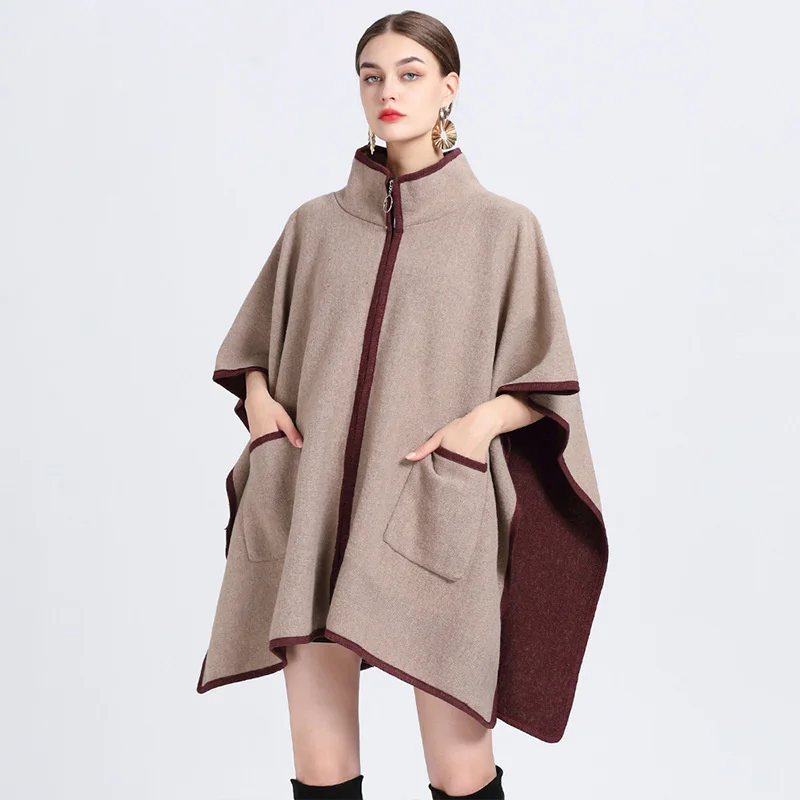 

#1127 Autumn Winter Ponchos And Capes Stand Collar Zipper Asymmetrical Batwing Cape Coat Ladies Loose Pockets Woolen Poncho Knit