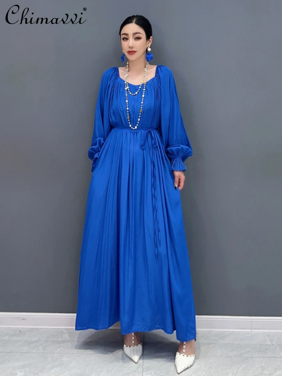 

Spring Summer New Fashion Women's Chiffon Dress Round Neck Long Sleeve Lace-up Waist-Controlled Large Hem Elegant Long Dress