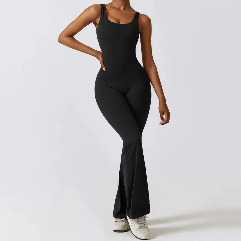 

Sexy Hollow Backless Scrunch Gym Flare Jumpsuit Sport Leisure Women 1 Piece Clothing Yoga Dance Jump Suit Black Fitness Overalls