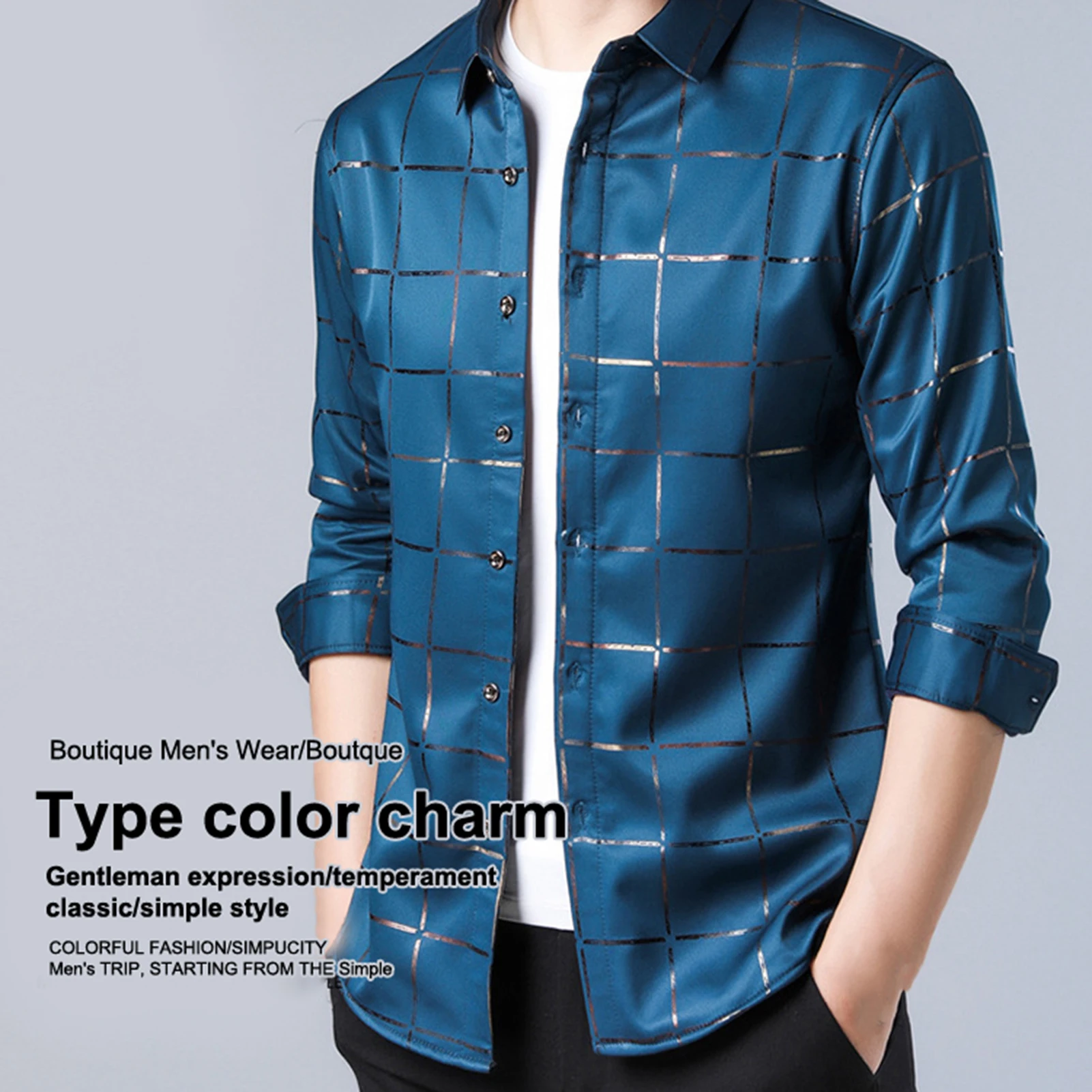 Men Casual Shirt Plaid Print Turn down Collar Single breasted