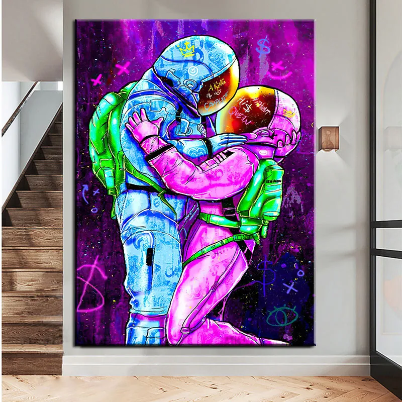

Graffiti Art Astronaut Lovers In Space Canvas Painting Wall Posters and Prints Bedroom Home Wall Art Picture Decoration Cuadros