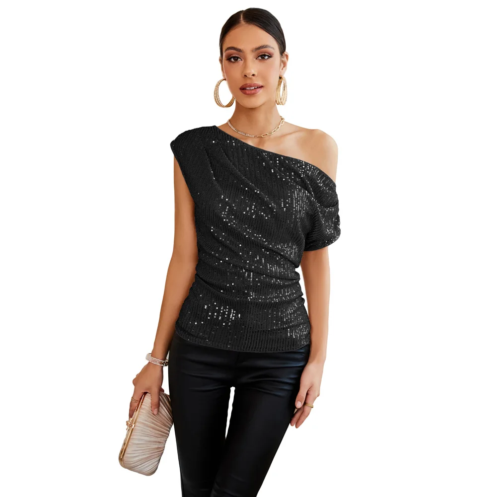 

GK Female Tee T-Shirt Sequined Party Tops Summer New Sexy Asymmetric One-Shoulder Ruched Pullover Tops Fashion Casual Blouse