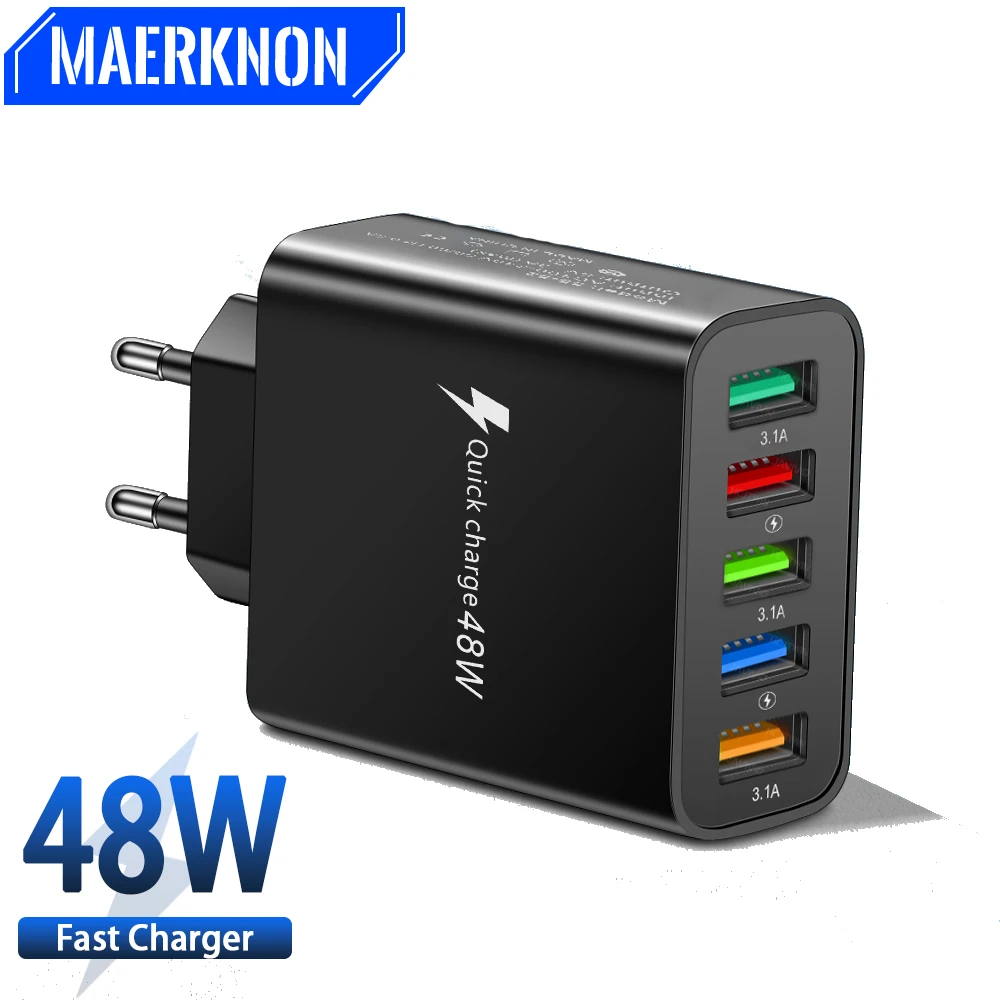 

48W USB Charger Fast Charging Quick Charger 3.0 Mobile Phone Power Adapter For iPhone 14 13 Samsung Xiaomi 5Ports Wall Charger