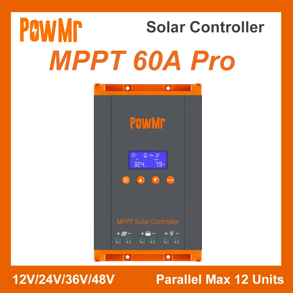 

PowMr New 60A MPPT Solar Charge Controller 12V/24V/36V/48V LCD Dispaly Max Solar Panel PV 160V Support Parallel and Max 12 Units