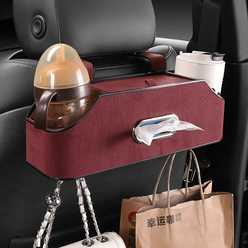 

Car Seat Back Storage Box Multifunctional Auto Tissue Universal Genuine Leather Backseat Water Cup Holder Hanging Hook Organizer