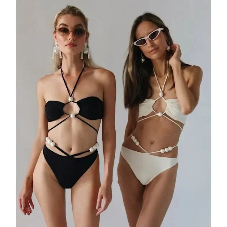 2024 trend Woman sexy Bikini set Halterneck Pearl High Waist  Swimsuit  two-piece Swimwear Women luxury Beachwear Bathing Suit