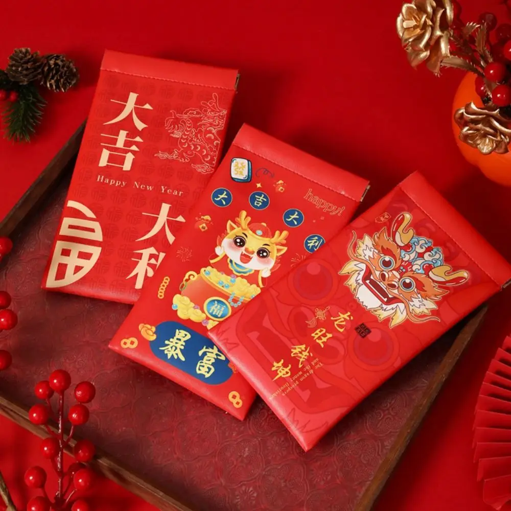 

Chinese Style New Year Red Envelope Leather Reusable Chinese Red Packets Cartoon Automatic Closing PU Lucky Money Bag Wedding