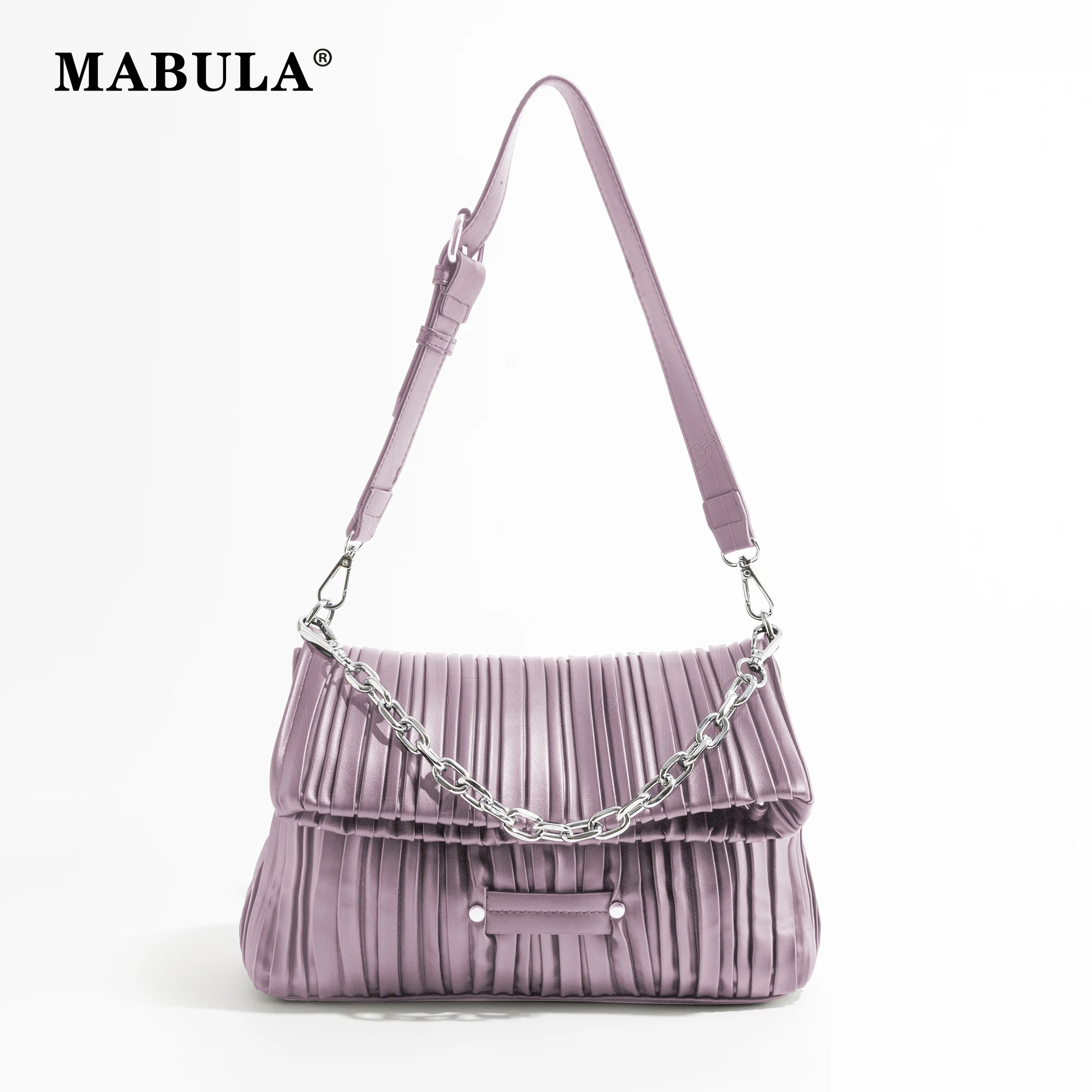 MABULABrandDesignPleatedLeatherShoulderBagMetalChainWomen