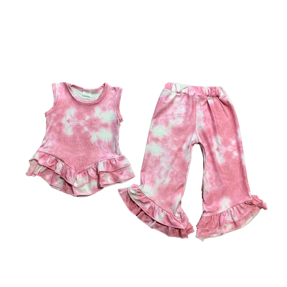 

Wholesale Sports Tie Dye Baby Girl Clothes 2 Pcs Sets Children Boutique Sleeveless Girls T-Shirts Kids Clothes