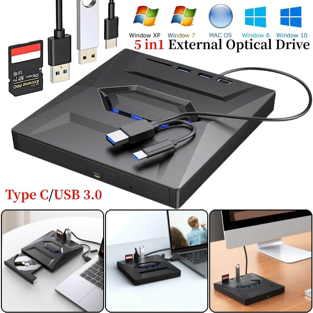 5 in1 USB 3.0/Type C External DVD CD RW Optical Drive VCD Player Disk Drive DVD Burner Reader with SD/TF Port For Laptop PC 1