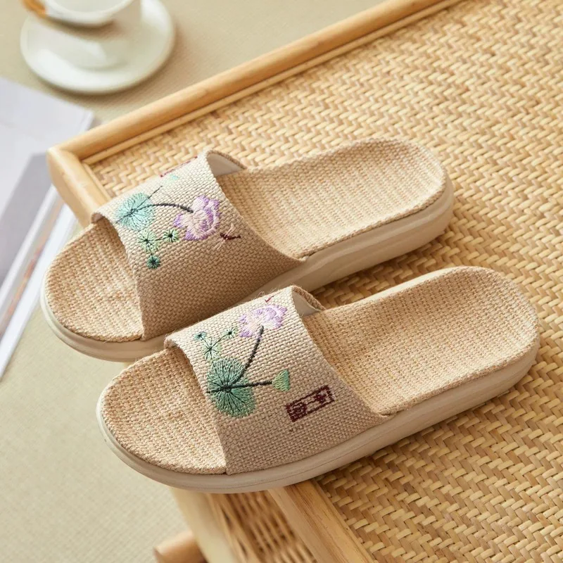 Flax cotton and linen slippers women open thick-soled embroidery couple home slippers