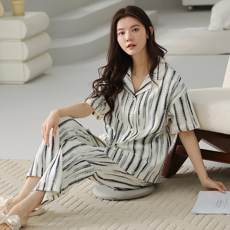 Spring Summer Women's Thin Knitted Cotton Pajamas Lapel Short Sleeve Cardigan Pants Girls Cute Loose Casual Home Clothing Set