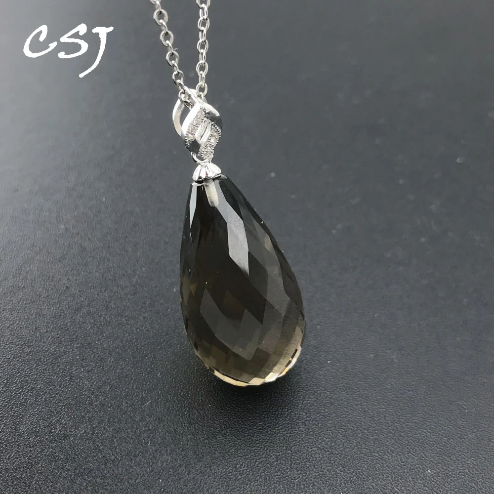 

CSJ большой камень 65ct Натуральный дымчатый кварц Подвески стерлингового серебра 925 маятник кристалл ожерелье для женщин Collier вечерние подарочная коробка