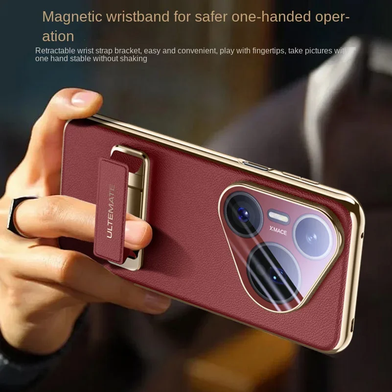 Elegant Leather Wristband with Metal Stand and Lens Enclosure - Slim Protective Cover