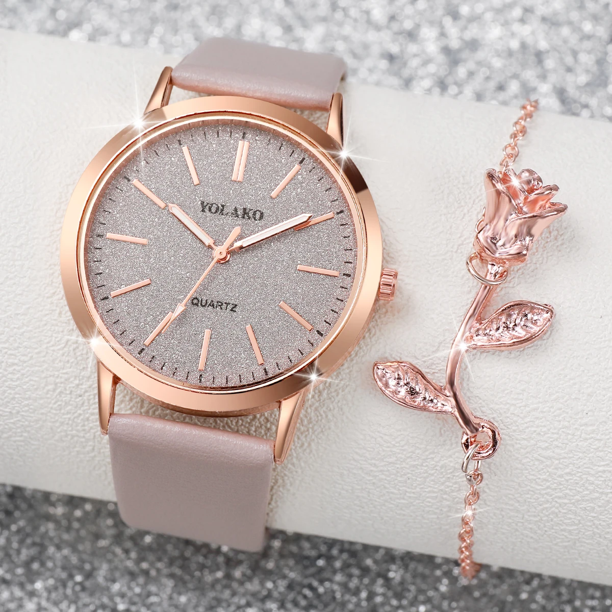 4PCS/Set Korean Women's Watch Fashion Versatile Leather Strap Grey Pink Twin Watch with Rose Bracelet