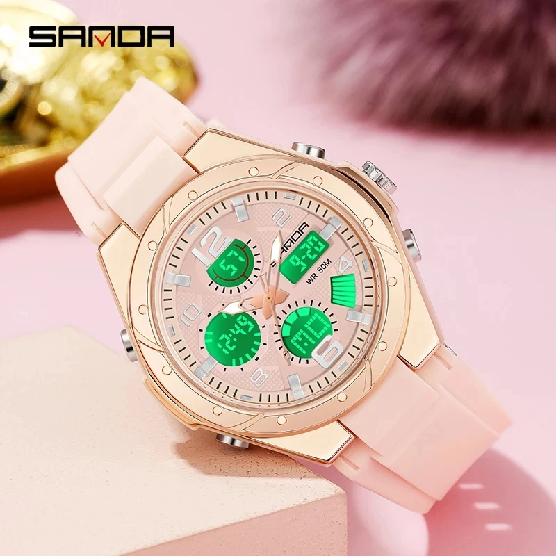 SANDA Sports Women Watches Fashion Casual Waterproof LED Digital Watch Female Wristwatches For Women Clock Relogio Feminino 6062