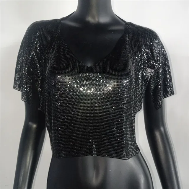 Glitter Chainmail Short Sleeve V Neck Top 35