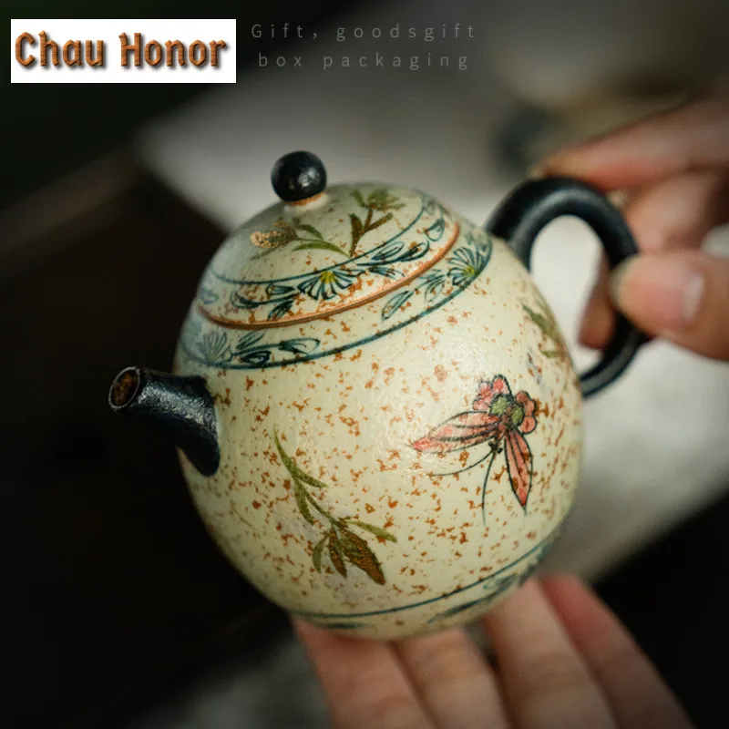 160ml Blue And White Flint Red Teapot Retro Gold Drawing Butterfly Egg Shaped Pot Tea Maker Kettle Tea Ceremony Decoration Gifts