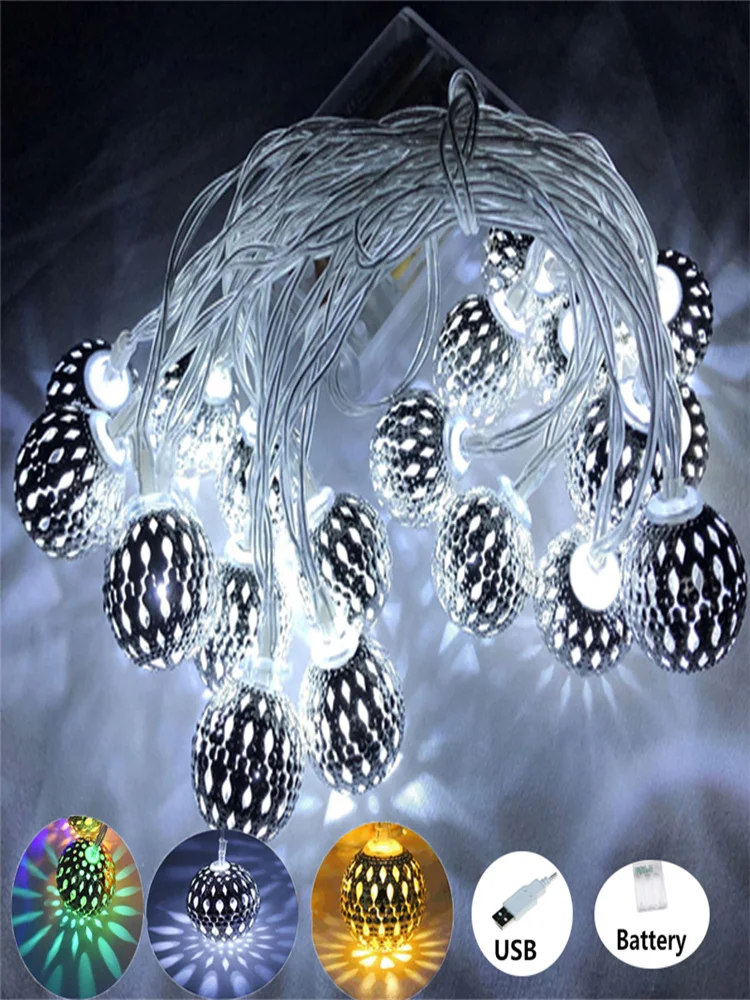 thumbnail image 1 of Guirnalda de luces LED de 3 m, 5 m y 10 m con forma de globo, bolas de metal plateadas marroquíes, alimentadas por USB, para decoración de bodas, Navidad y habitaciones al aire libre, 1 of 5