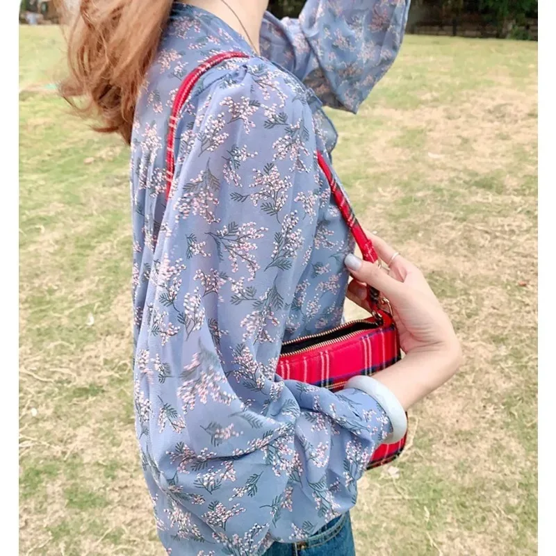 Sweet Chiffon Blouse for Women Puff Sleeve Korea Women Tops and Blouses Cardigan Floral Print Shirts Spring Summer 10314
