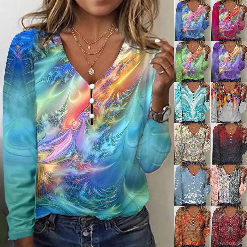 

2023 Autumn/Winter New Casual Top Fashion Sexy V-Neck Starry Sky Tie Dye Pullover Plus Size Loose Button Long Sleeve T-Shirt