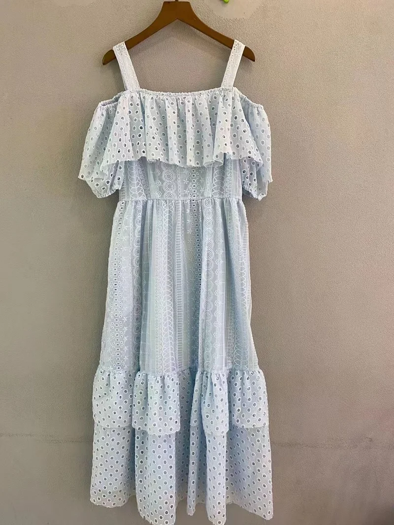 

Top Quality New Strap Party Elegant Dress Womne Allover Exquisite Embroidery Ruffle Deco Sexy Sleeveless Blue Apricot Dress