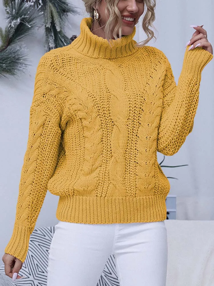 Alloaone Women's Knitted Turtleneck Pullover - Oversized Loose Long Sleeve Sweater, Yellow, Large