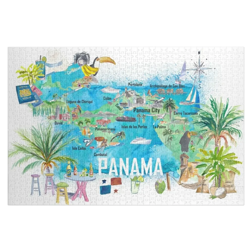 

Panama Illustrated Travel Map with Tourist Highlights and Panamericana Jigsaw Puzzle Children Puzzle