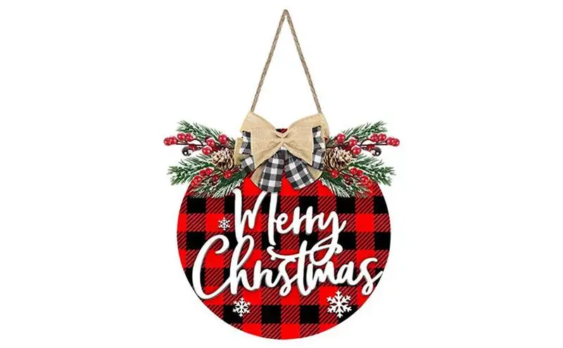 

Christmas Door Hanger Wooden Door Plate Christmas Door Decorations Merry Christmas Door Buffalo Plaid Ornament Festival Supplies