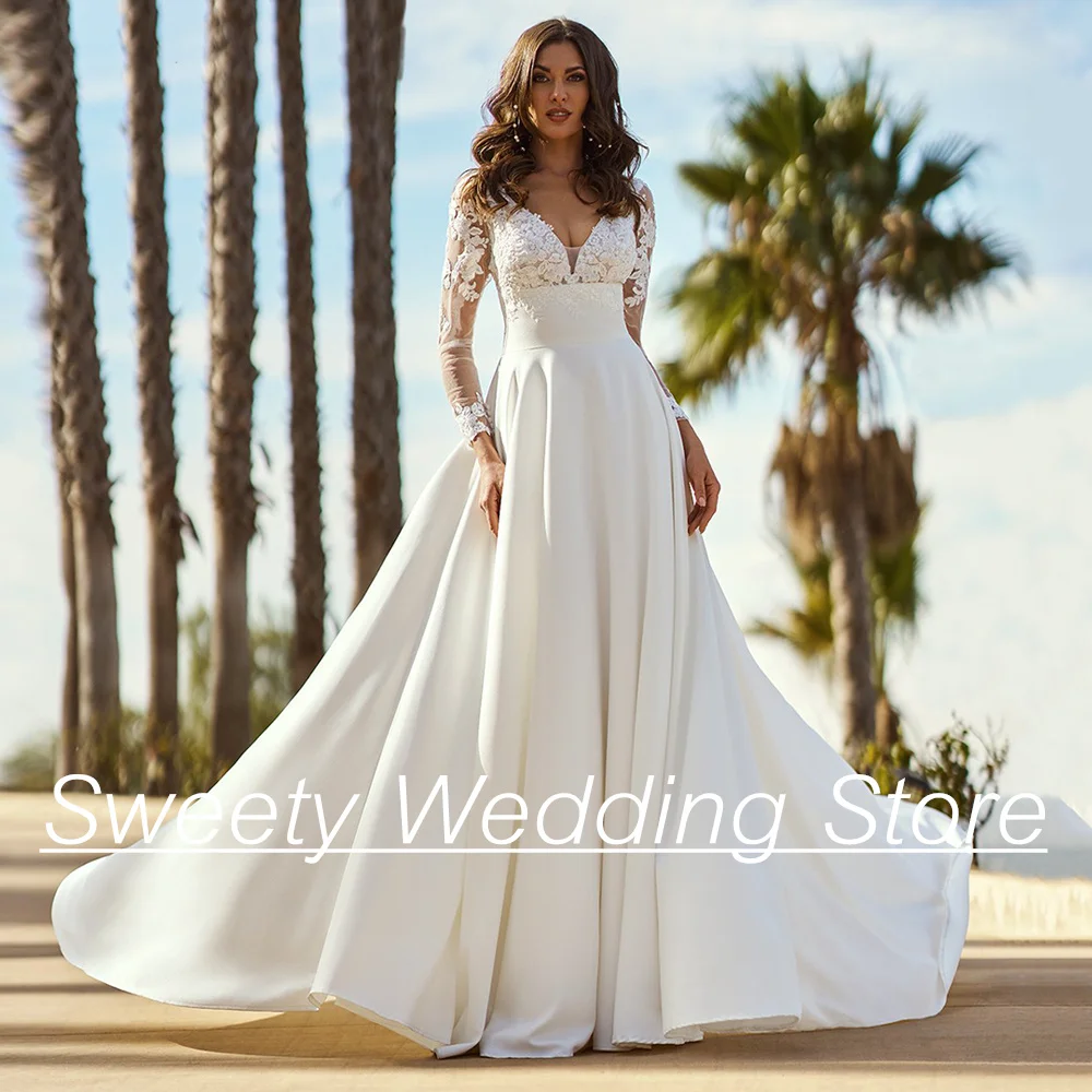 

Sexy Bride Wedding Dresses Custom Size Long Sleeve V Neck Applique A Line Jersey Bridal Gown Vestido De Noiva Sweep Train