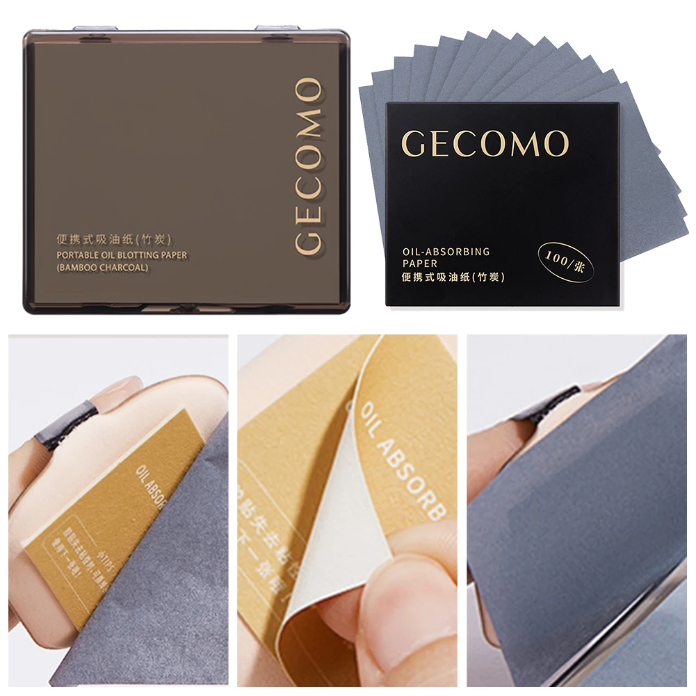 Face Oil Absorbing Paper 100 Sheets Oil Control Paper with Case & Powder Puff Oil Blotting Papers Bamboo Charcoal Face Blotting Sheets for Oily Skin