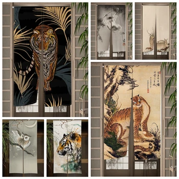 야생 호랑이 동물 일본 문짝 커튼, 올빼미 원숭이 표범 랍스터 새 주방 칸막이 커튼, 입구 걸이식 하프 커튼