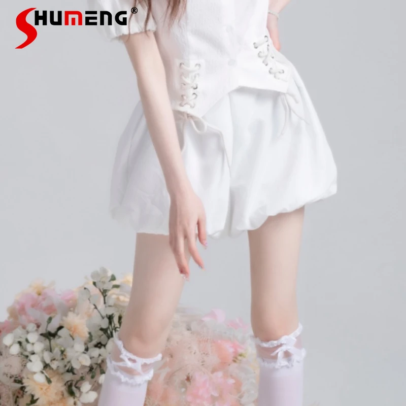 2023 Spring And Summer New Soft Comfortable Bud Leggings Shorts Women Clothing White Loose Elastic Waistband Lace-up Short Pants