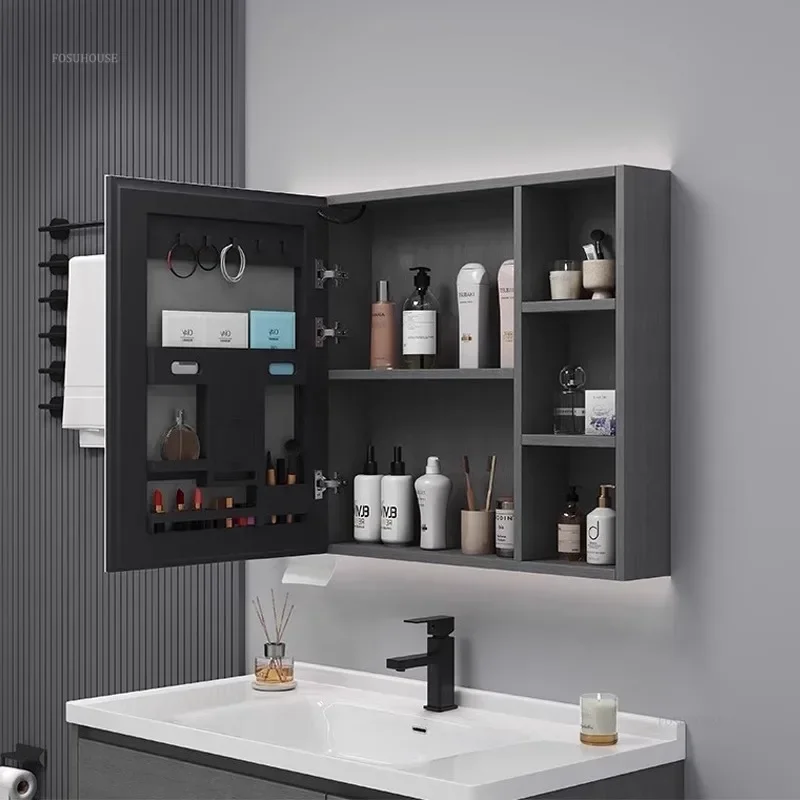 Modern Smart Bathroom Mirror Cabinet Space Aluminum Storage Rack High-definition Mirror Bathroom Wall-mounted Cabinets b