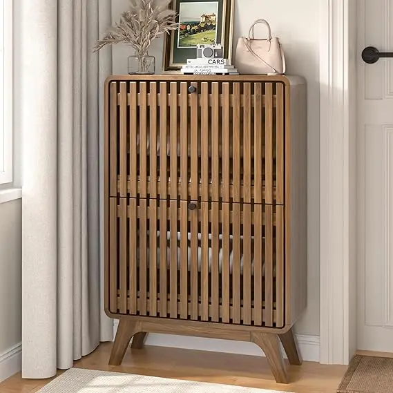 Fluted Entryway Shoe Cabinet Storage, Narrow Small Shoe Organizer Cabinet for Entry Way, Slim Modern Rack Organizer with 2 Flip