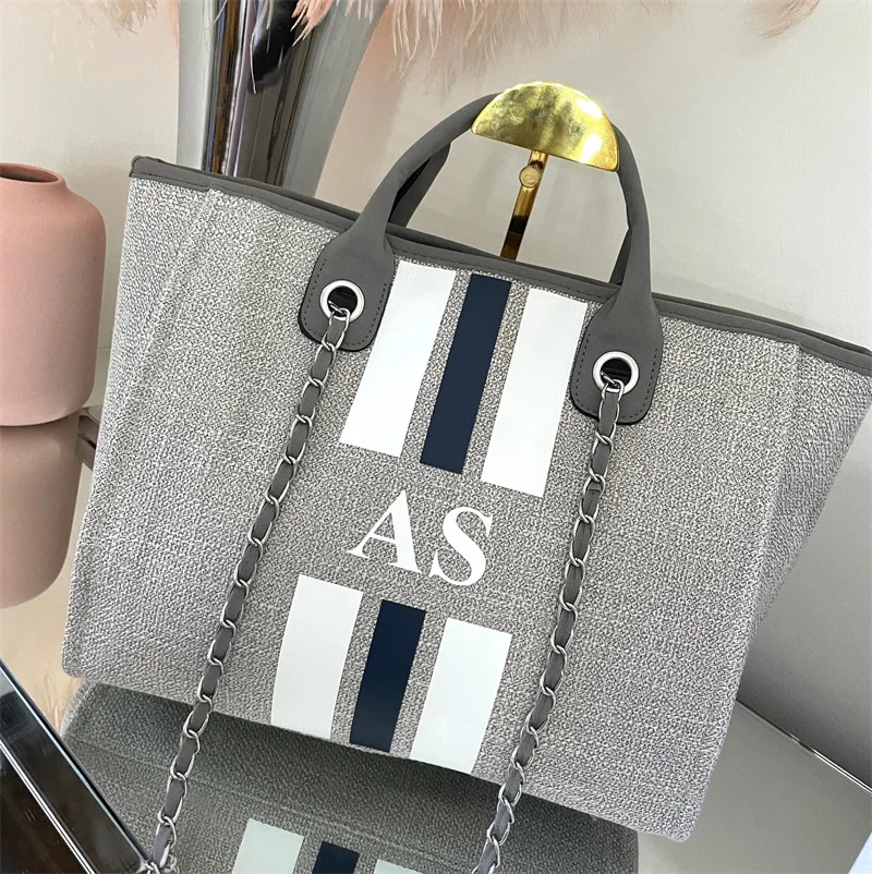 monogram-tote-bag-canvas-customised-grey-chain-handbag-personalised-navy-white-stripe-initials-beach-holiday-chain-handbag