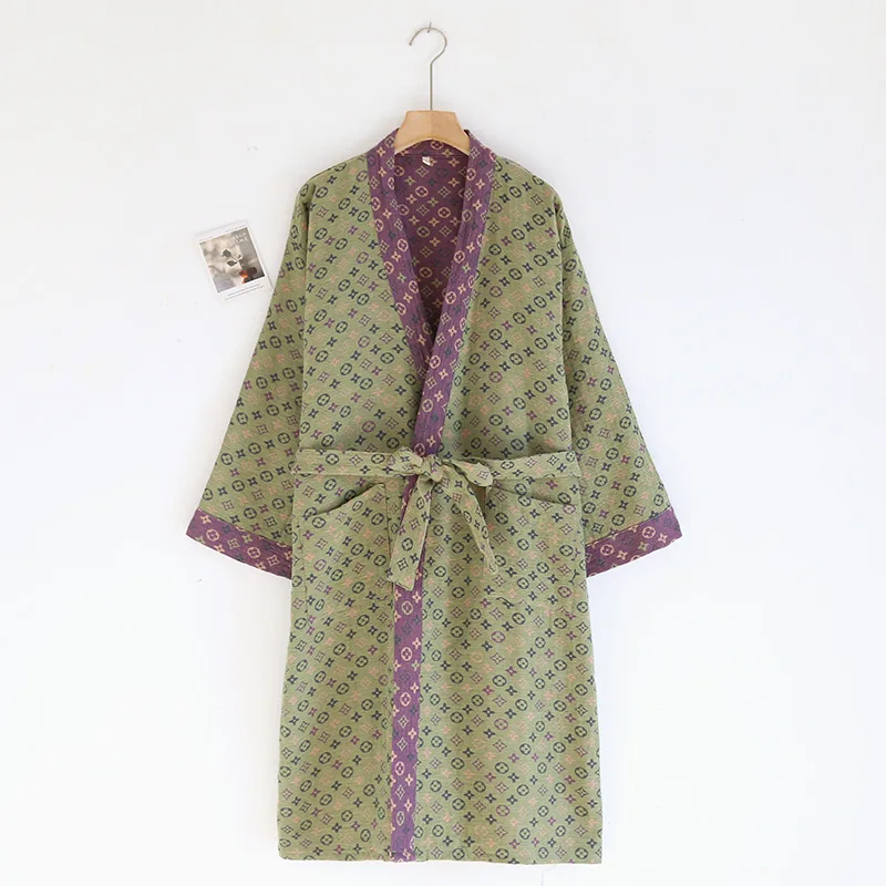 Women's Printed Cotton Loose Fitting Bathrobe Japanese Style Kimono with Belt Bathrobe Sweat Steaming Pajamas Robes Women