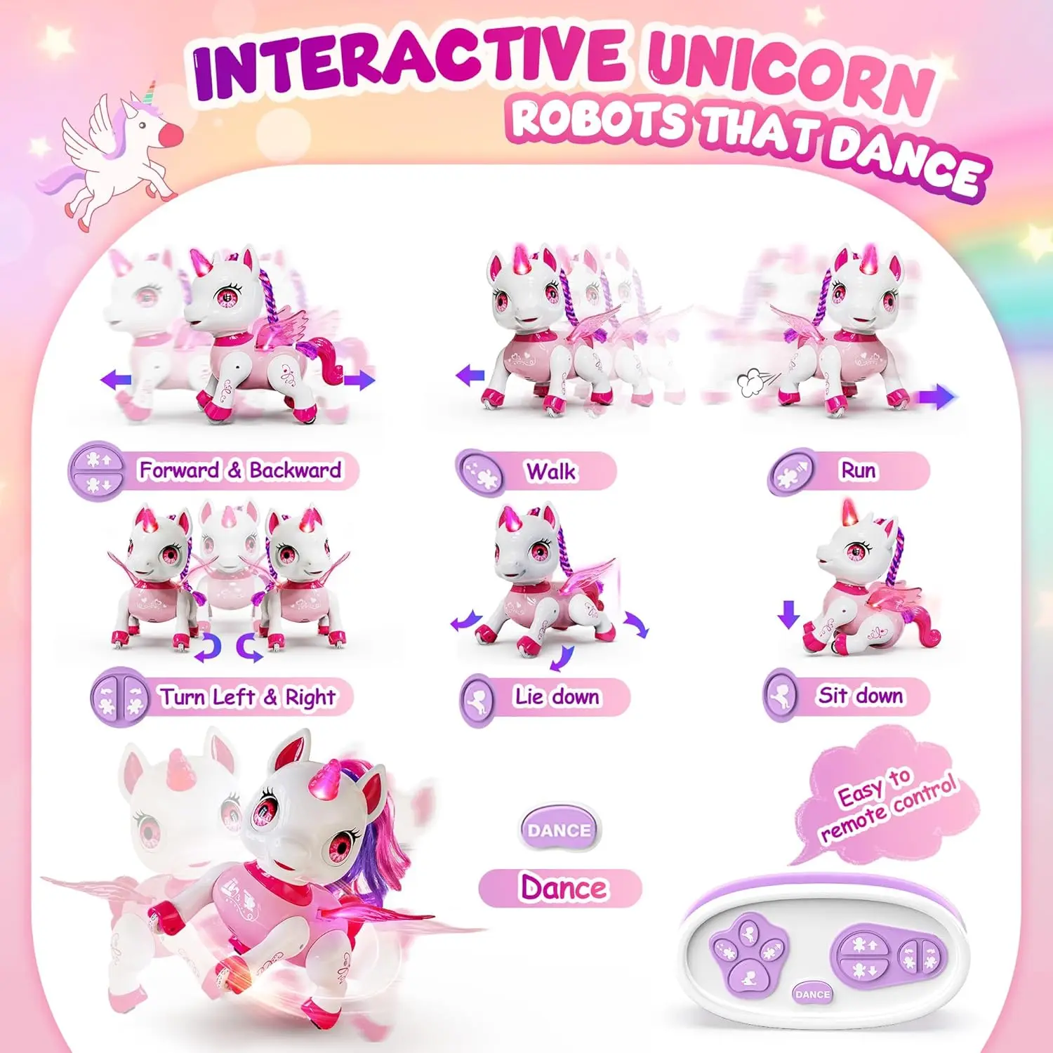Unicorn Dancing Robot Toys for Girls with LED Horn & Wings,Remote Control,Voice,Rechargeable,Birthday Gifts, Kids and Toddlers 4
