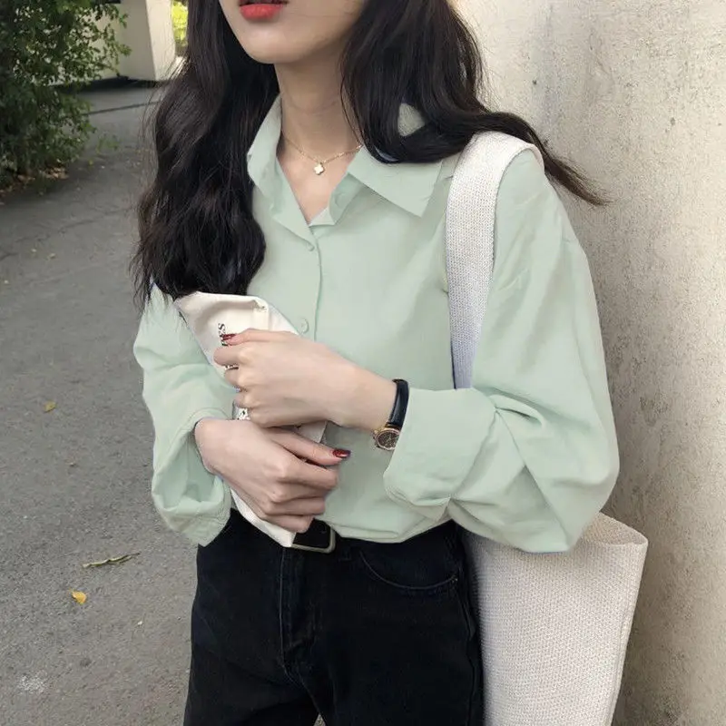 Fashion Solid Color Button All-match Korean Shirt Female Clothing 2022 Autumn New Oversized Casual Tops Loose Office Lady Blouse