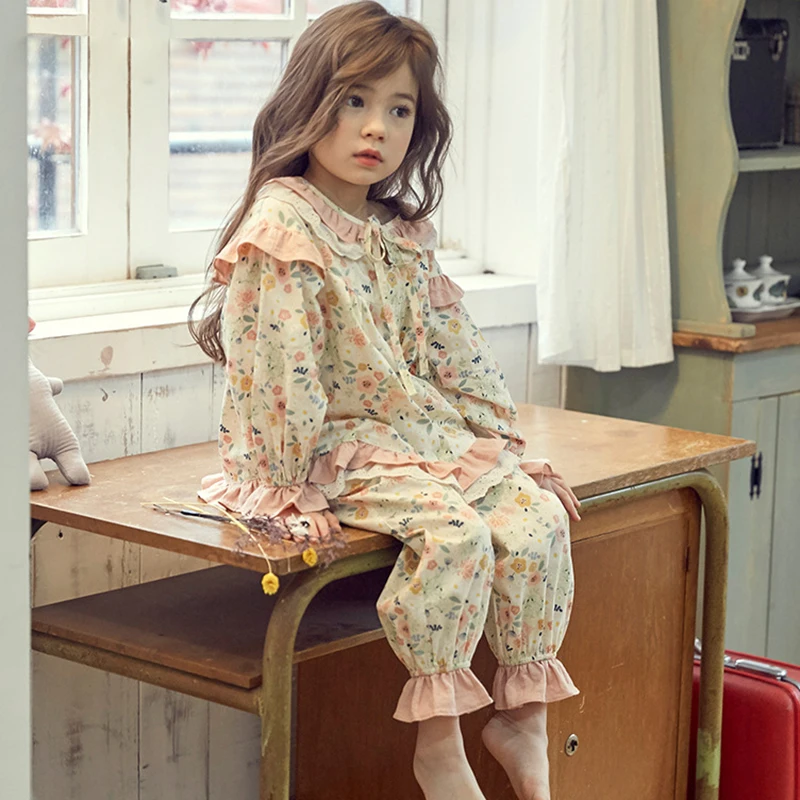Cute Spring Children Cotton Floral Pajama Set Vintage Toddler Kid Flowers Pyjamas Set Nightwear 11T kids clothing set kids pajamas set kids pajamas pajama sets