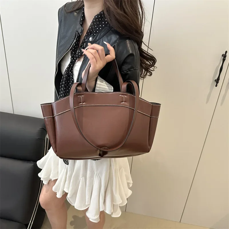 Solid Color Soft Leather Handbag Women Single Shoulder Tote Bag, Large Capacity Commuting Set Handbags Shopping Cross Body Bags