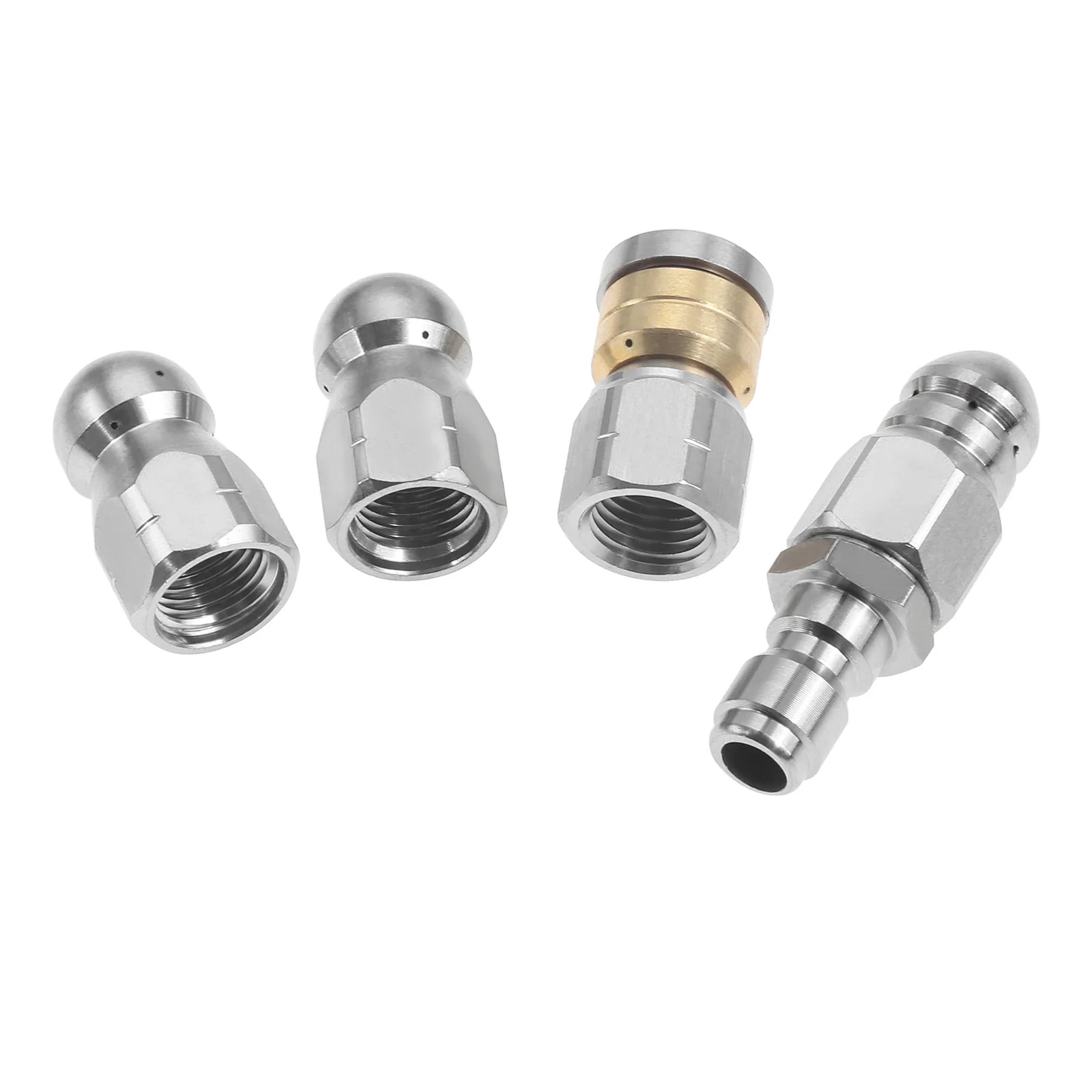 

4pcs/1kit Pressure Washer Sewer Jetter Nozzles Stainless Steel Pointed/Button Nose/Rotating/Corner Jetting 1/4" Quick Connector