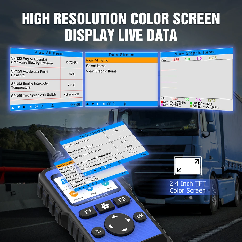 Full Systems Heavy Duty Truck Scan Tool HDOBD/EOBD/OBDII Diagnostic Scanner 12V 24V Diesel Vehicles Code Reader for Truck Car 4
