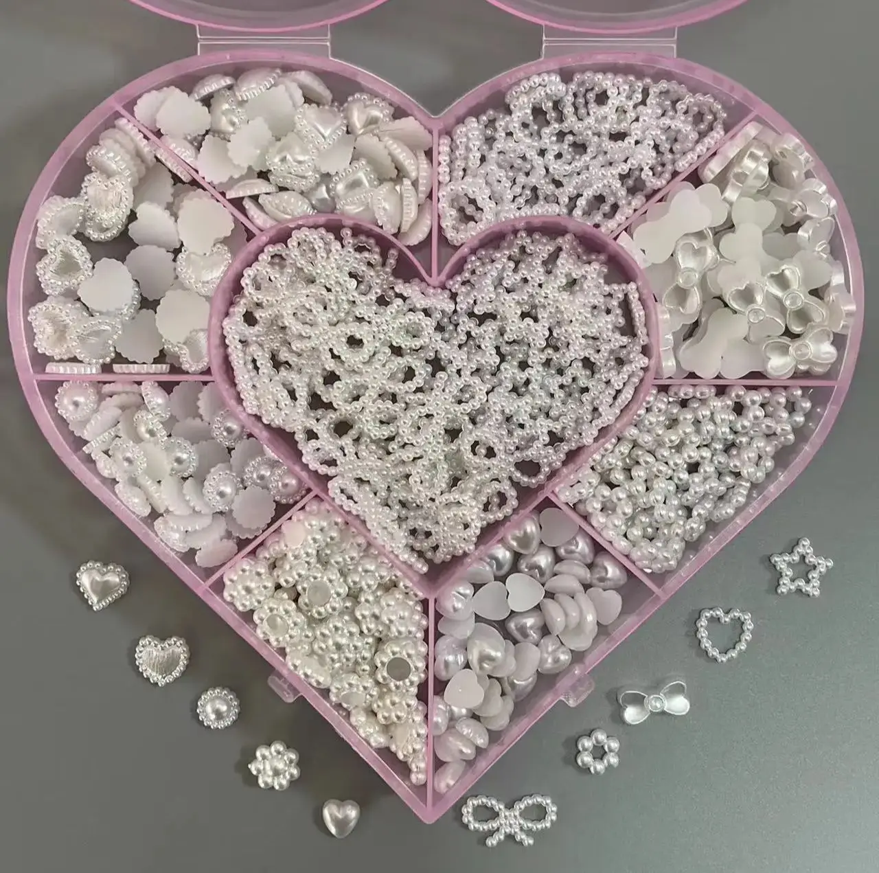 Pink Heart Boxed 500pcs Mixed Pearl Love Bow Star Butterfly French Ballet Princess Ballerina Nail Art Charms Decoration Gem Set 2