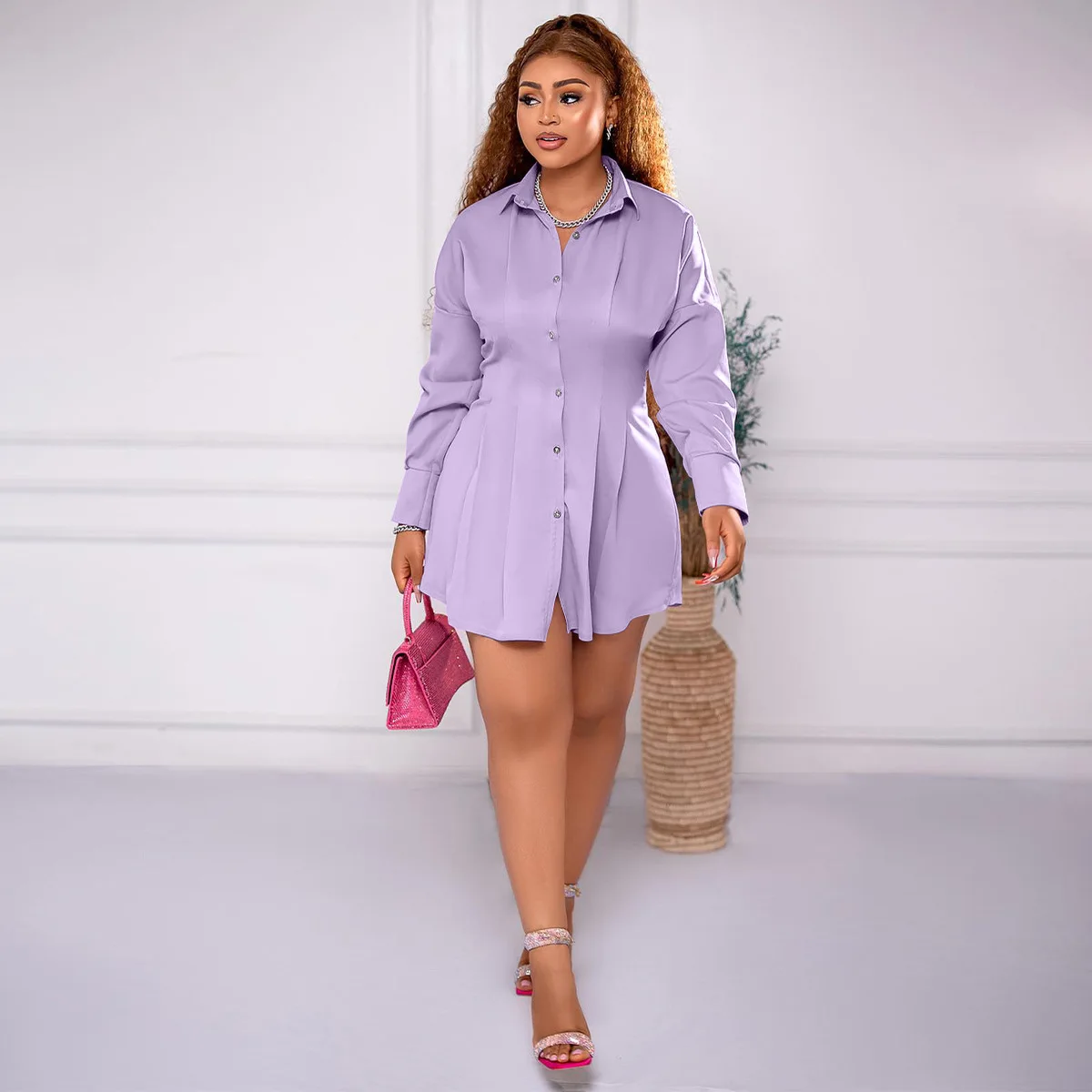 

Women Lantern Long Sleeve Turn Down Collar Solid Casual Shirt Dress Single Breasted Corset Tunic Blouse Street Party Mini Dress
