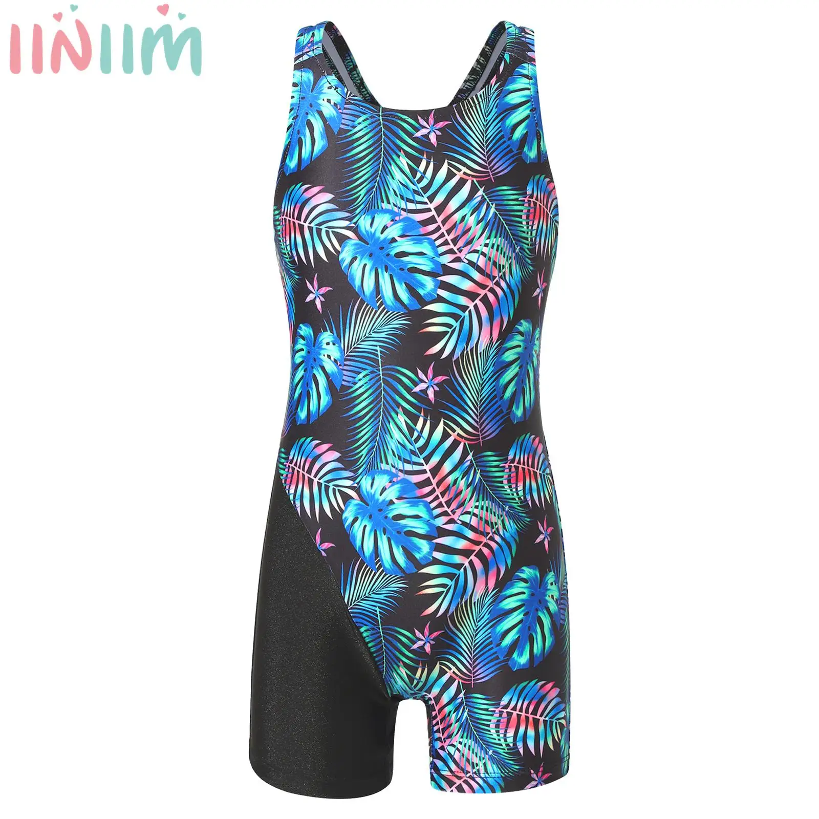 

Kids Girls Stylish Print Swimsuits Athletic One Piece Swimwear Sleeveless Keyhole Racer Back Boyshort Bathing Suit Rash Guard