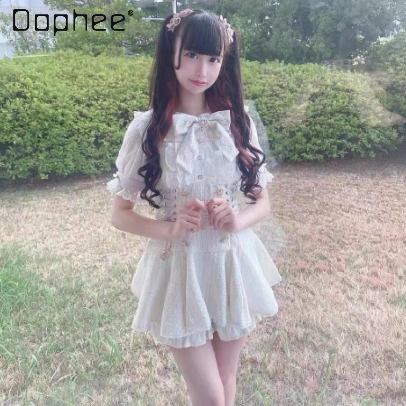 

Japanese Style Lolita Setup Two-Piece Suit Spring and Summer New Sweet Mine Mass-Produced Lace-up Bow Shirt Dress and Shorts