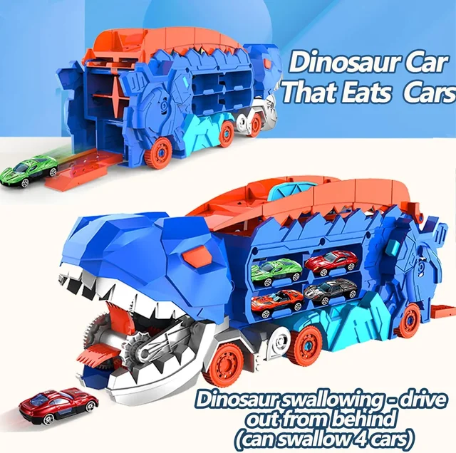 Transport Dinosaur Hauler Truck Foldable Sliding 25 Inch Race Track Transforms into Standing T-rex with 4 Die-cast Cars Toy Kids 3