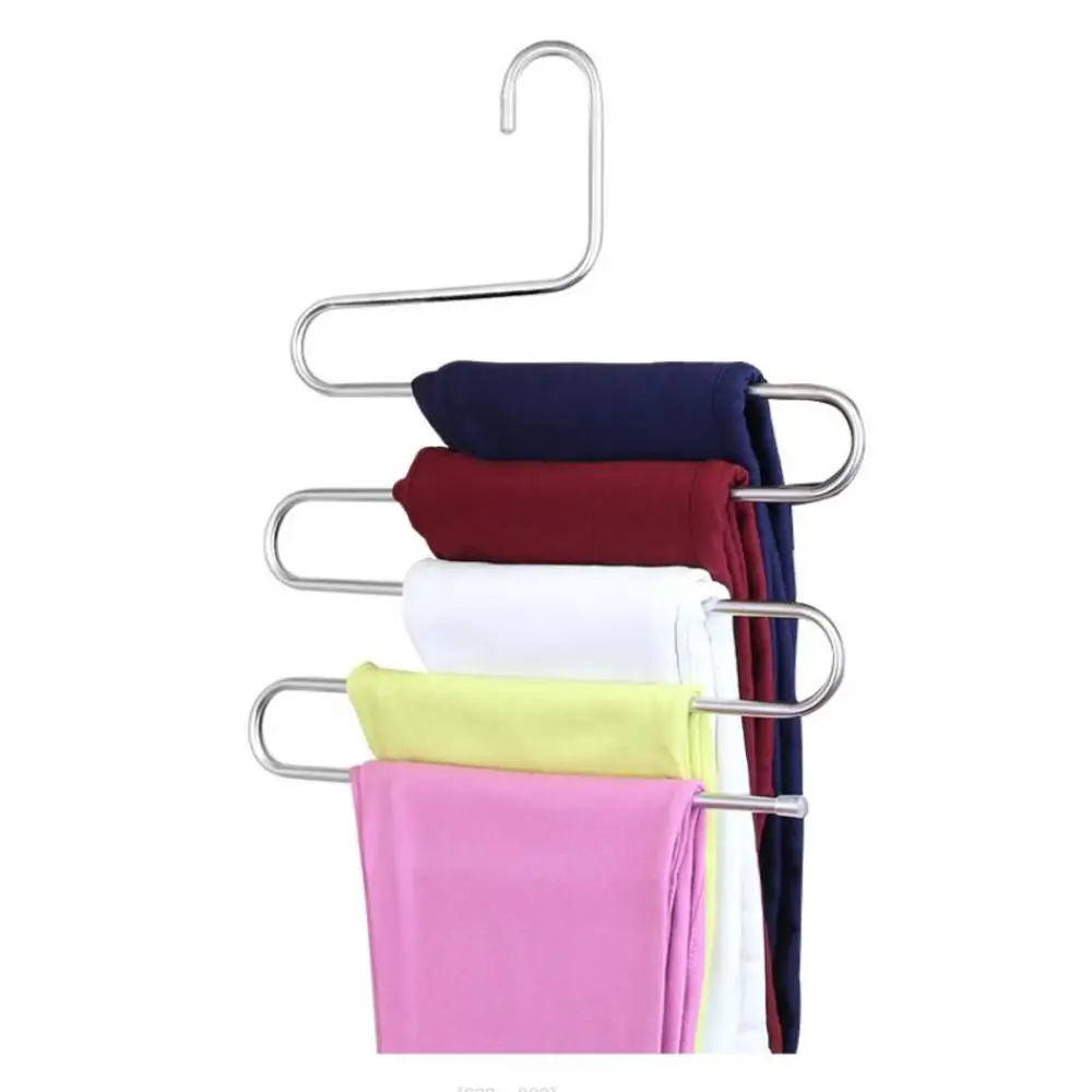 Clothes Hanger Pants Rack Clothes Rack Storage Hanger MultiFunctional Stainless Steel Trouser Hanger 5 Layers Pant Storage Cloth Rack S-type Non-slip Drying Rack Bathroom Organizer